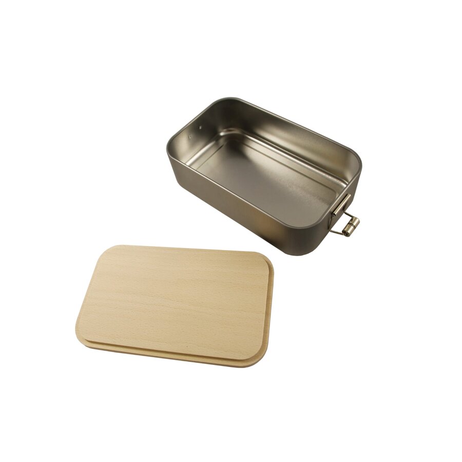 Tre matboks i metall med lokk av bøketræ