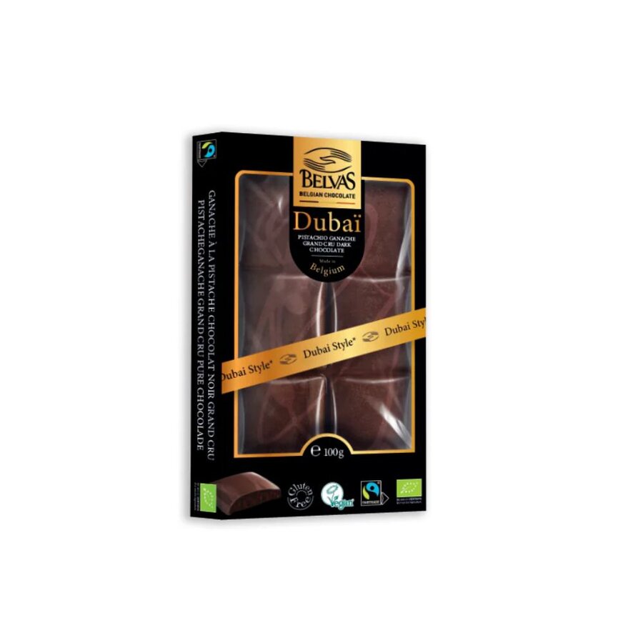 Belvas Dubai mørk sjokolade med pistasjganache 100g