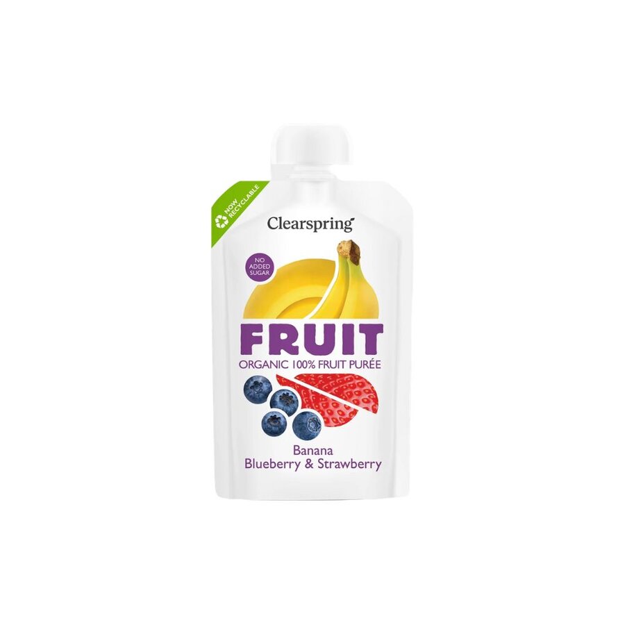 Clearspring fruktpuré banan, blåbær & jordbær 100 g
