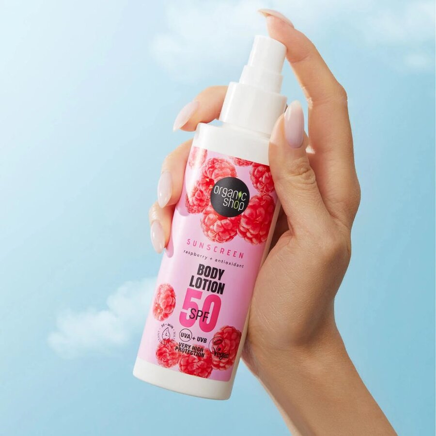 Organic Shop sunscreen raspberry body lotion SPF50 150 ml