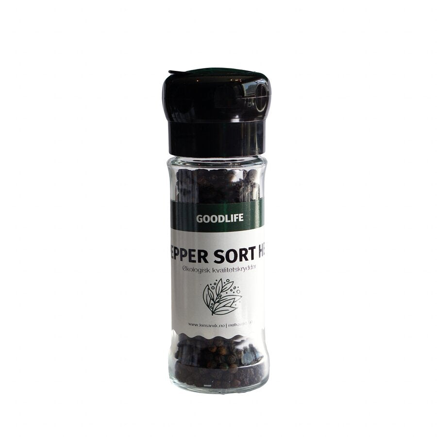 Goodlife økologisk hel sort pepper med kvern 50 g