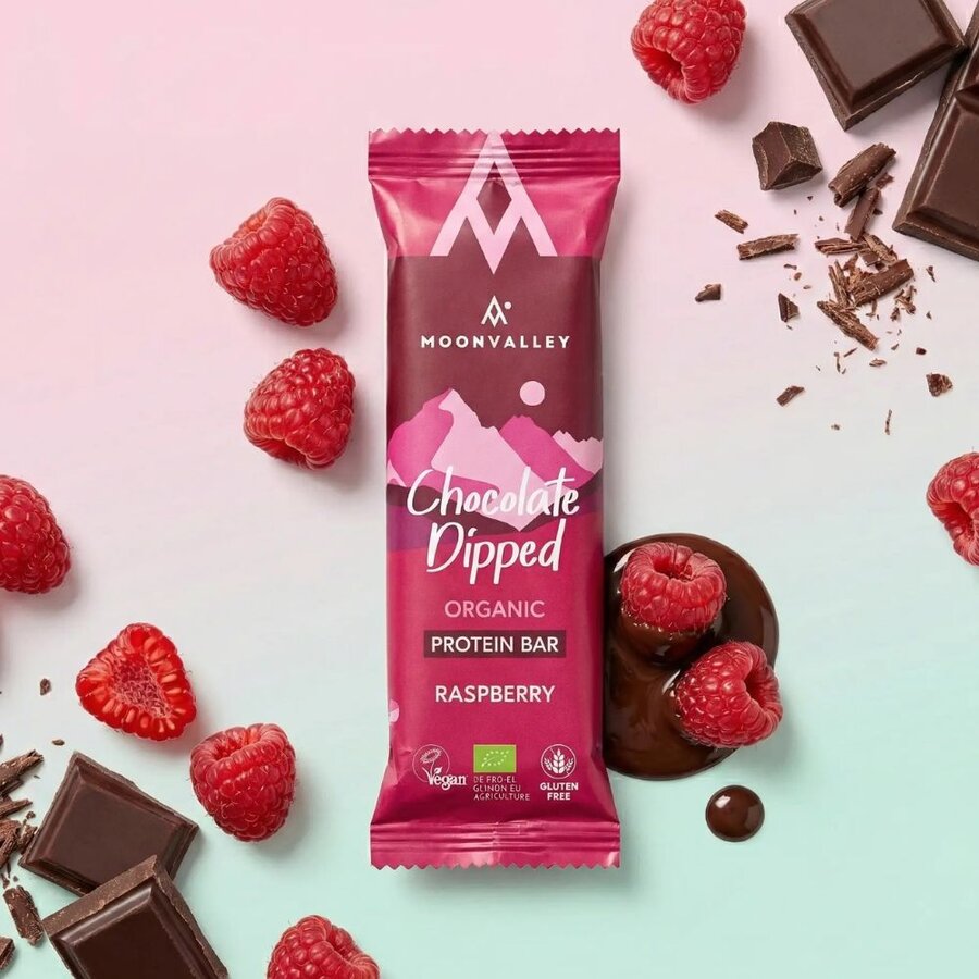 Moonvalley chocolate dipped protein bar raspberry 50 g